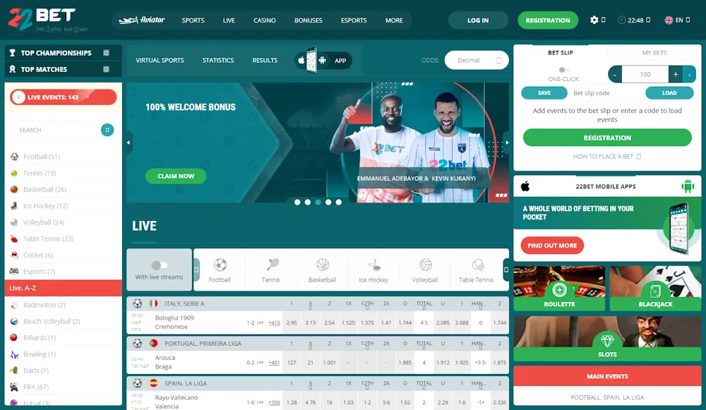 22Bet Casino and Sportsbook Homepage Screenshot